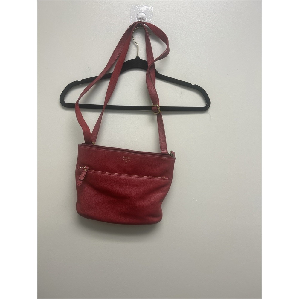 Fossil Mimi Crossbody Purse Handbag 9"x9" Red Pebbled Leather Zipper Closure